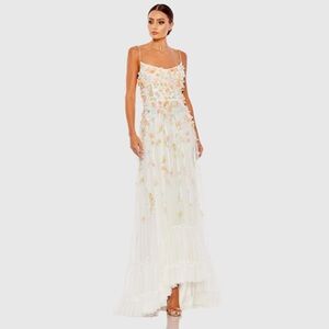 Mac Duggal Beaded 3D Flower Cami Ruffled High Low Lace Up Gown